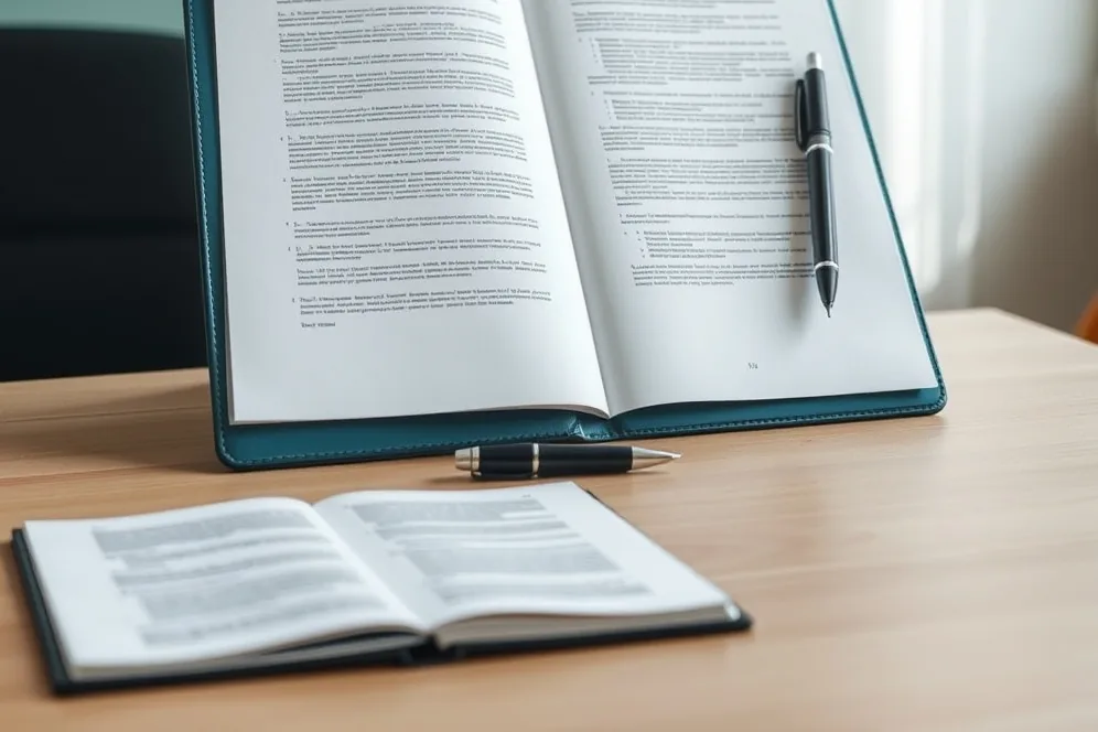 Generated illustration: document folder and notebooks; the pictured pages are not legal guidance