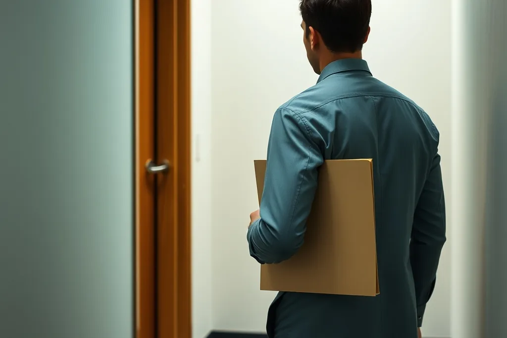 Generated illustration: a person seen from behind carrying a folder near an office doorway