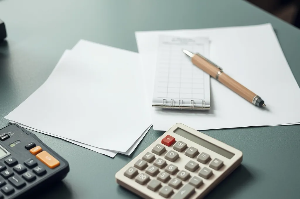 Generated illustration: calculators, papers and a notebook on a desk