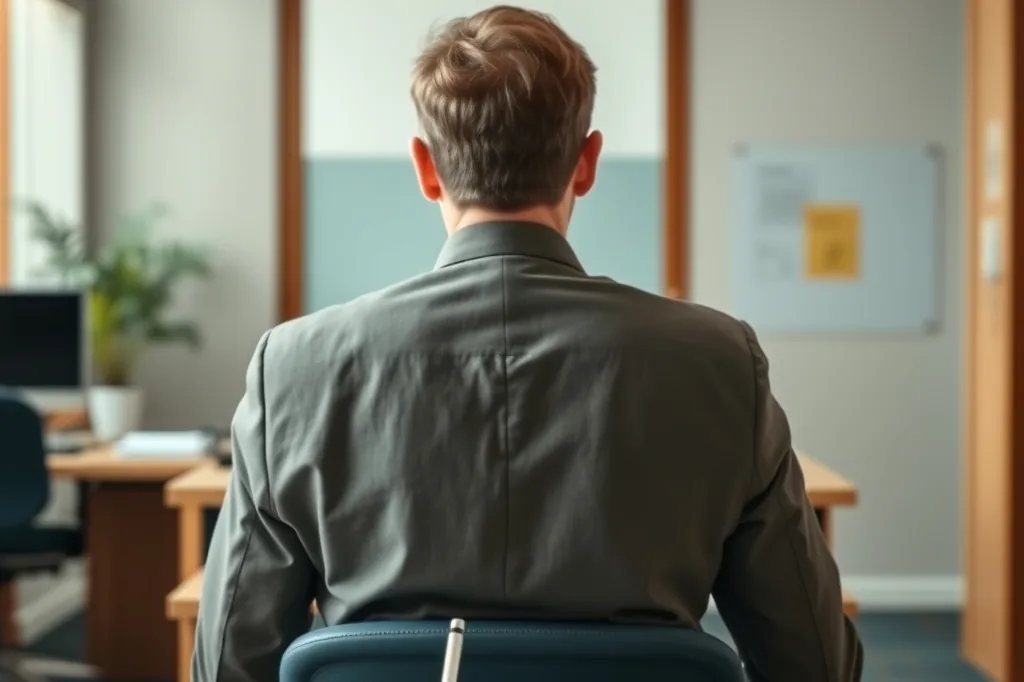 Generated illustration: rear view of a person seated at a workplace desk