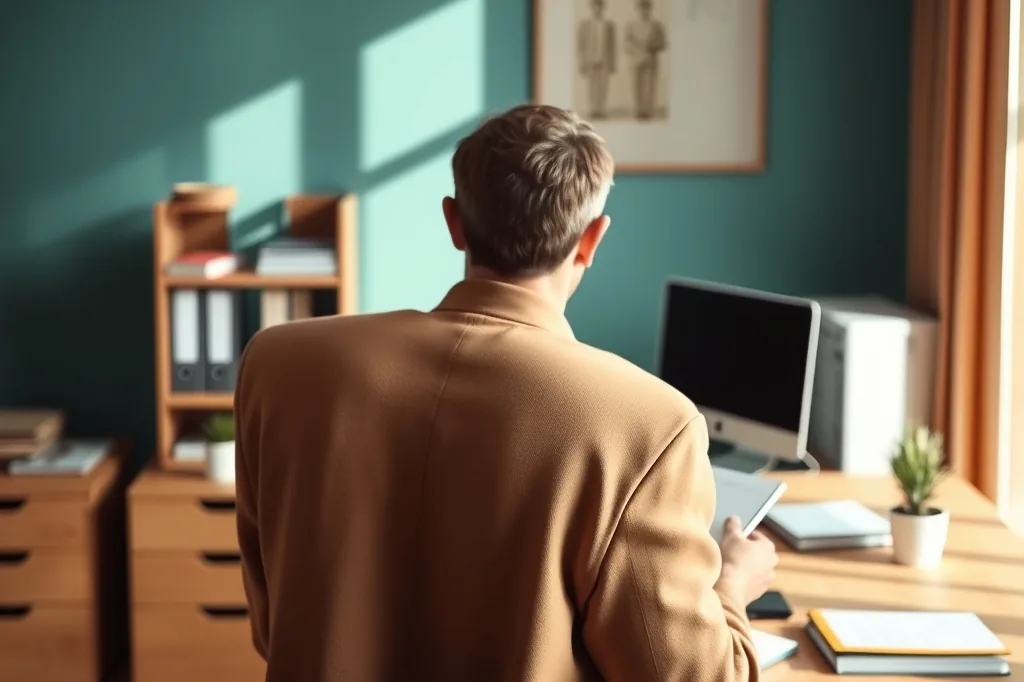 Generated illustration: a person seen from behind at an office desk; not a staff portrait